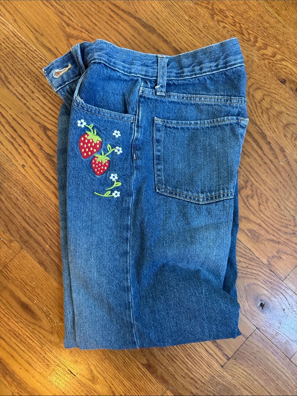 Classic Blue Denim Jeans with Strawberry Embroidery